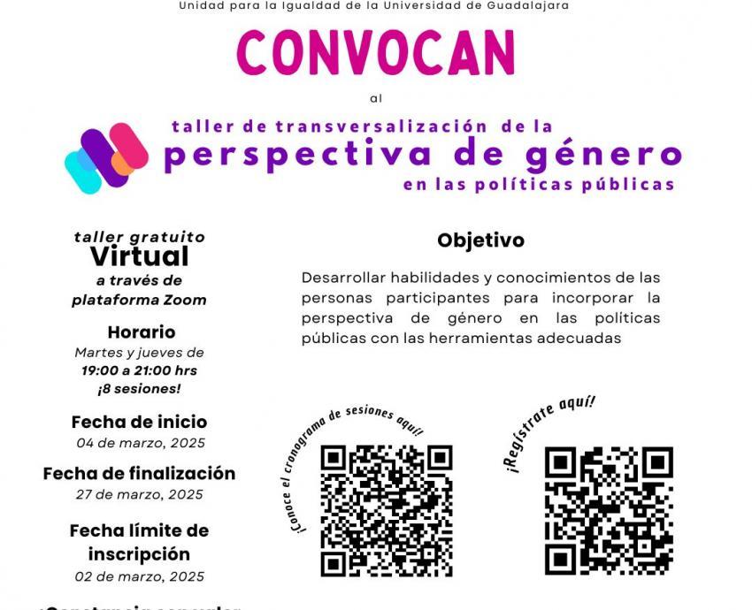 Invitación al taller “Transversalización de la perspectiva de género en las políticas públicas”