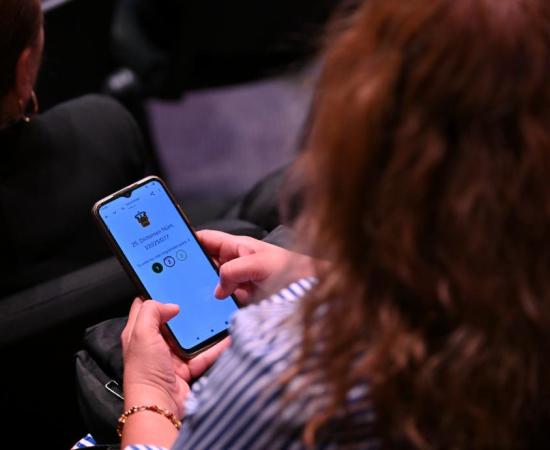Mujer realizando una votación electrónica, en un celular 